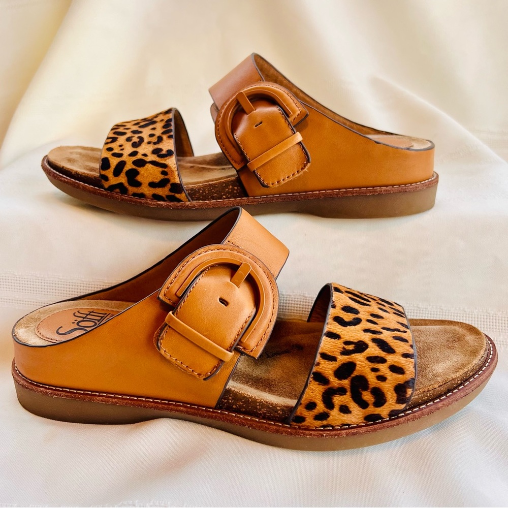 Söfft Leopard Print and Tan Leather Slide Sandals - Picture 3 of 14